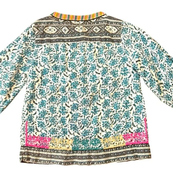 John Mark Boho Embroidered Floral 3/4 Sleeve Peasant Tunic Top Turquoise Small - Picture 9 of 15